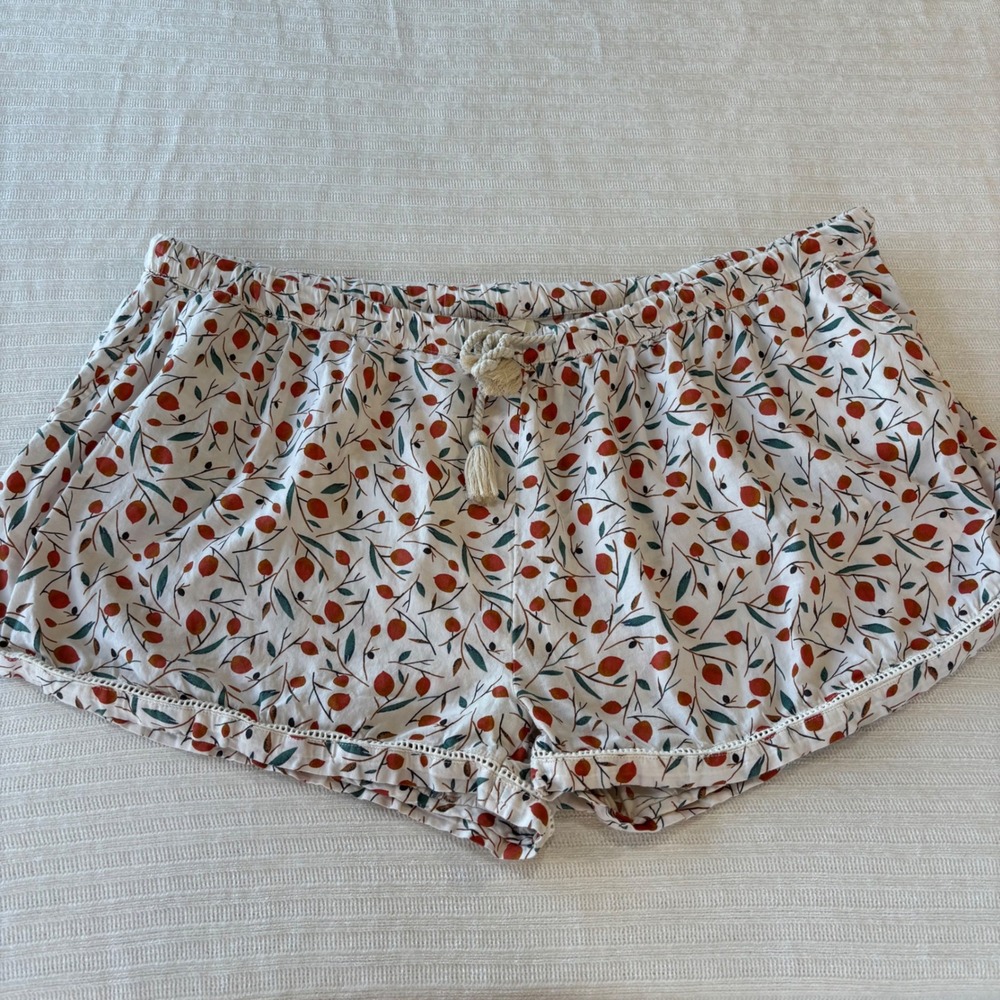 Pact Organic Cotton Lounge Shorts XXL Cream Fruit Botanical Print Lace Trim